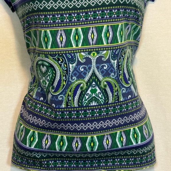 G-99 Liz Claiborne Blue Green &‎ White Short Sleeve Pullover Blouse Size MP - Picture 2 of 14